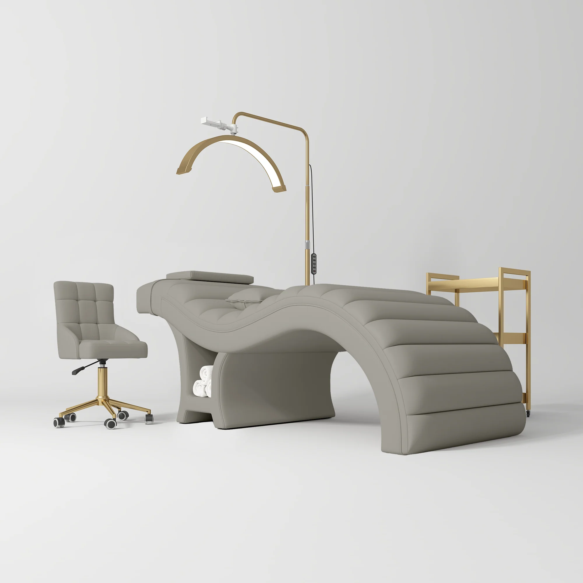 Manufakturo Luxe Pearl Greige Complete Salon Set - Lash Beauty Bed, Chair, Moonlight & Trolley