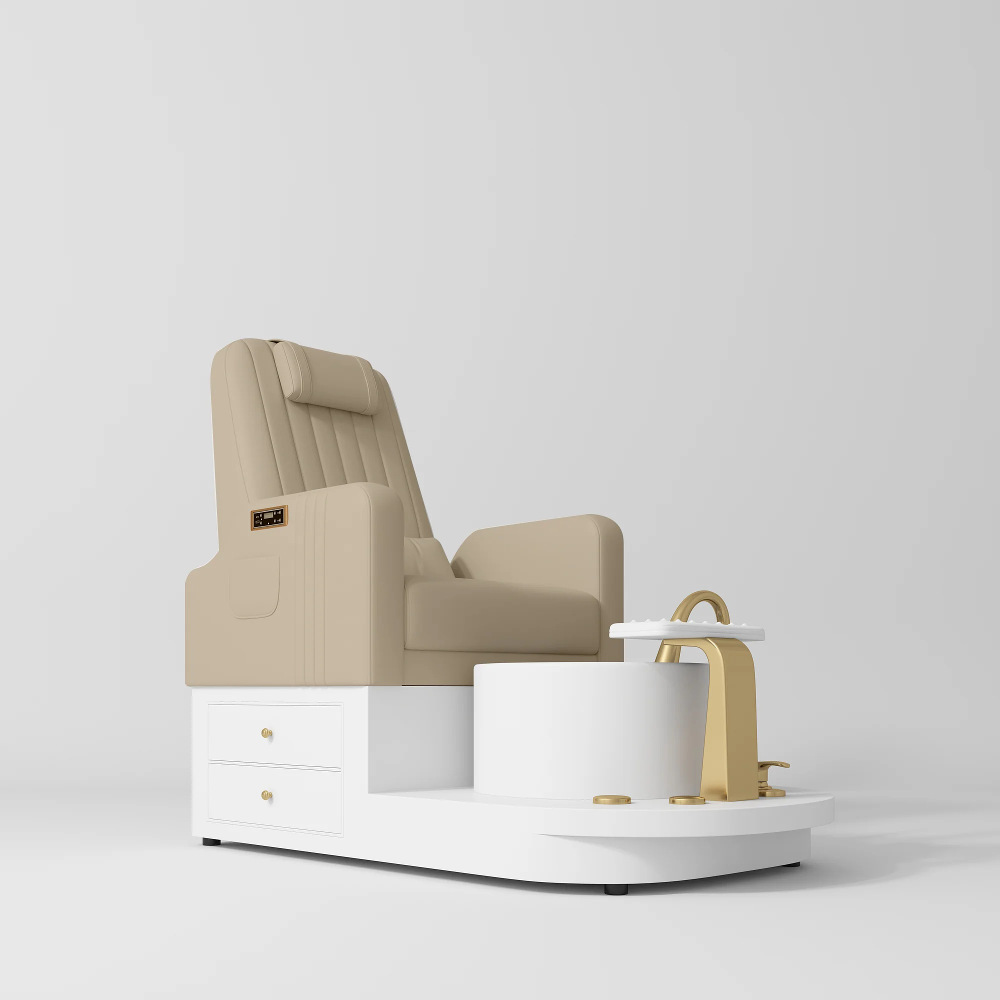 Manufakturo Noémie Warm Beige Luxury Electric Pedicure Chair – Massage Backrest, Gold Tap, USB-C, Ceramic Basin