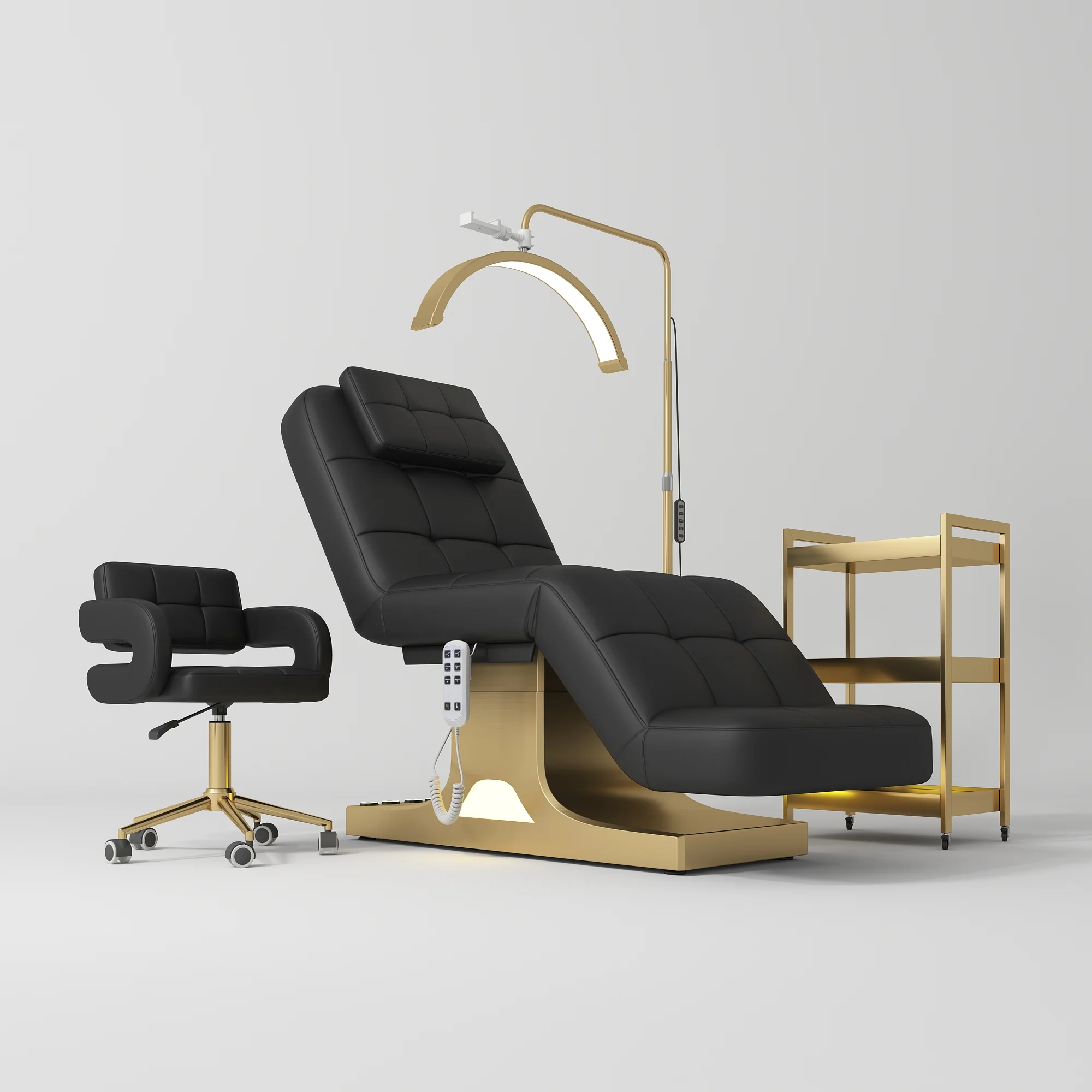 Manufakturo Saphir version A Black – 4-Piece Beauty Studio Set: Luxury Bed, Chair, Lamp & Trolley