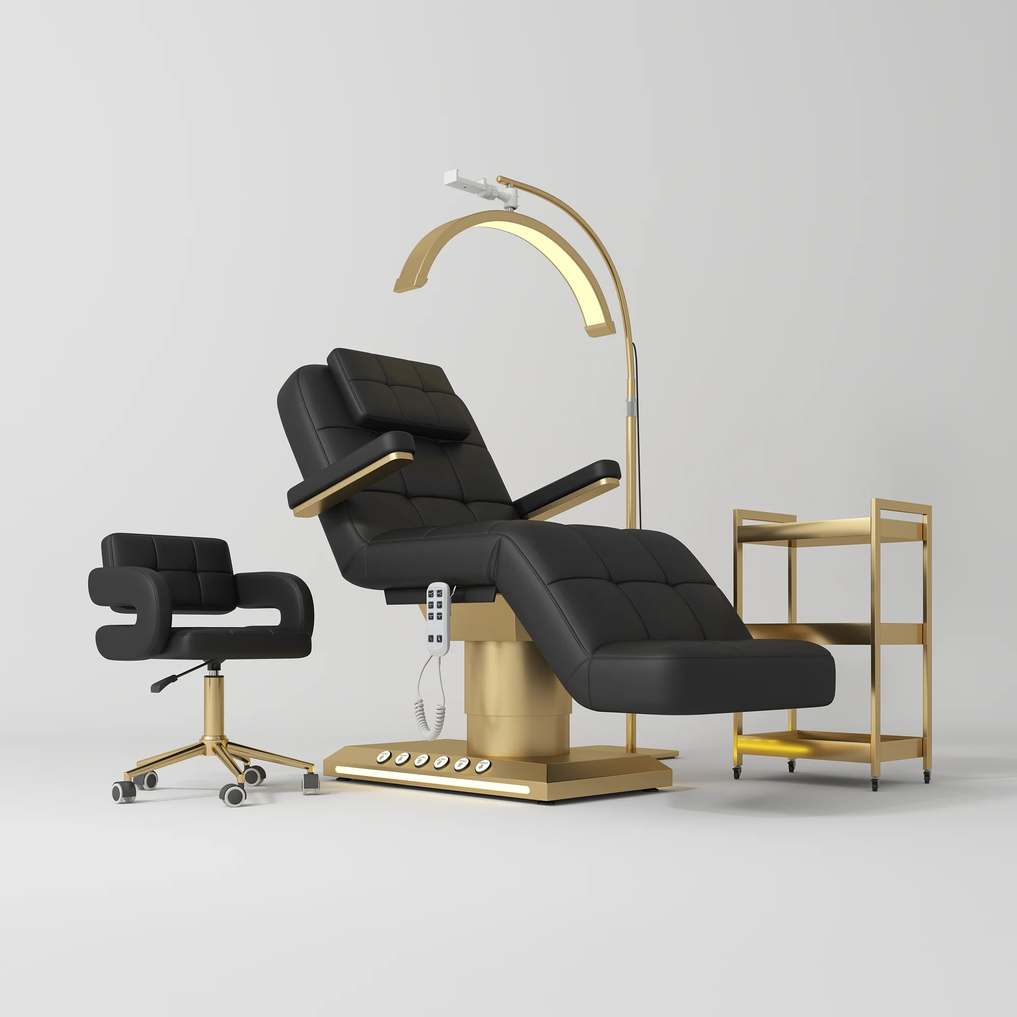 Manufakturo Saphir version B Black – 4-Piece Beauty Studio Set: Luxury Bed, Chair, Lamp & Trolley