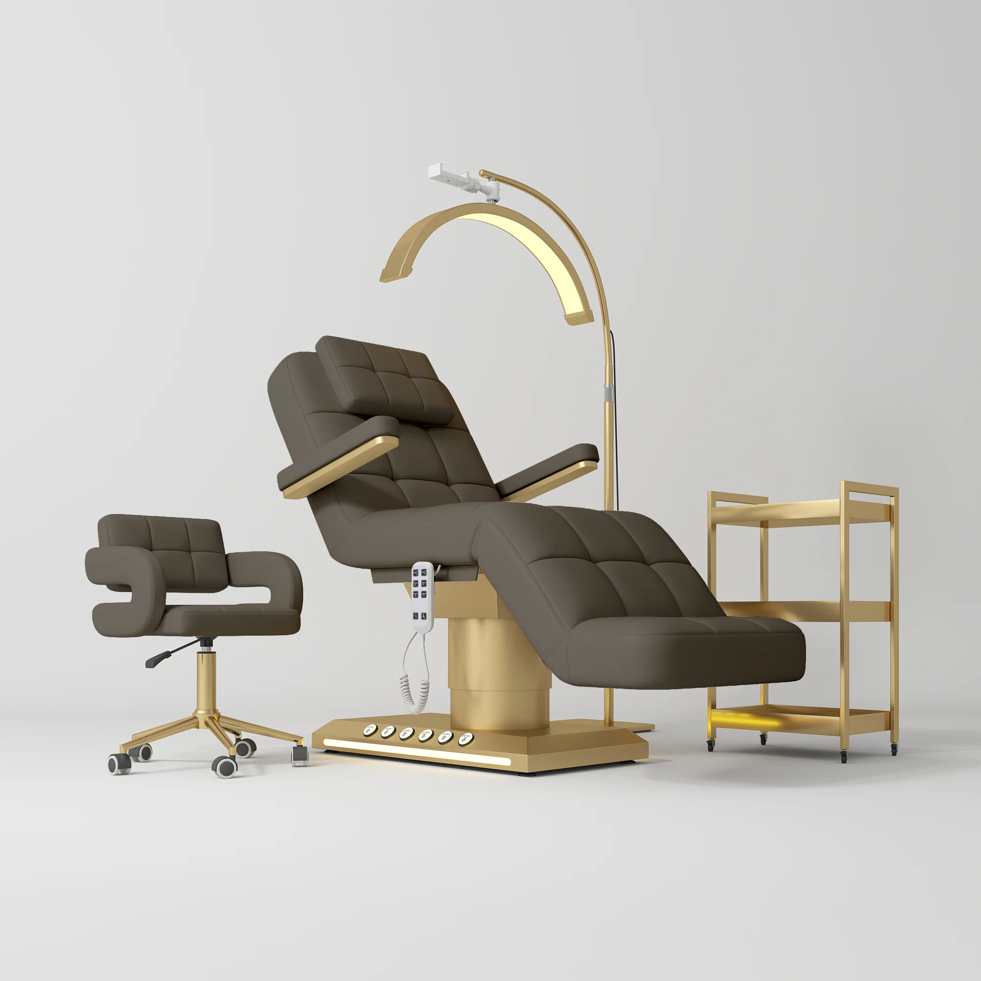 Manufakturo Saphir version B Cocoa Mocha – 4-Piece Beauty Studio Set: Luxury Bed, Chair, Lamp & Trolley