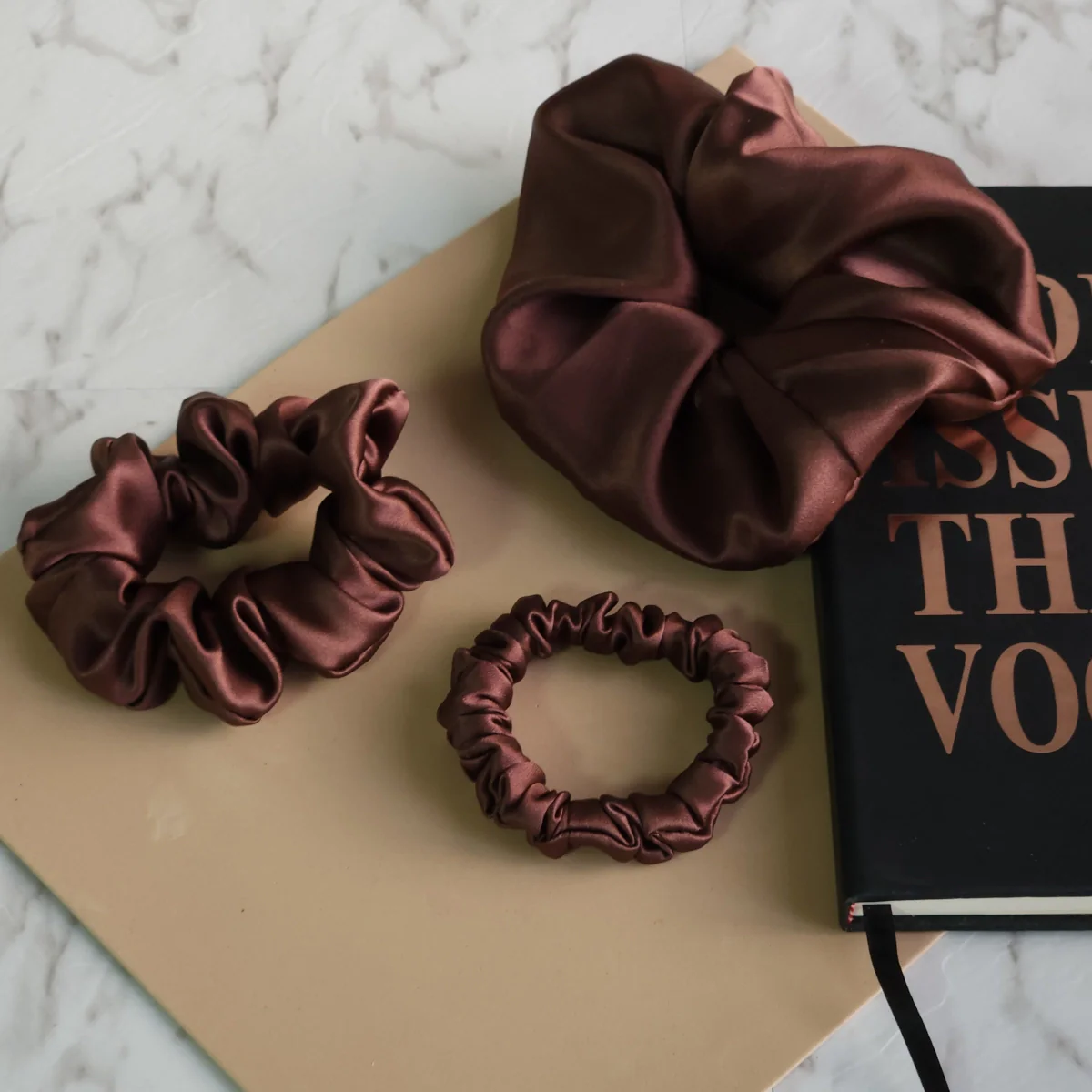 Roxie Collection Luxe 100% Mulberry Silk 30 Momme Scrunchie Chocolate Brown